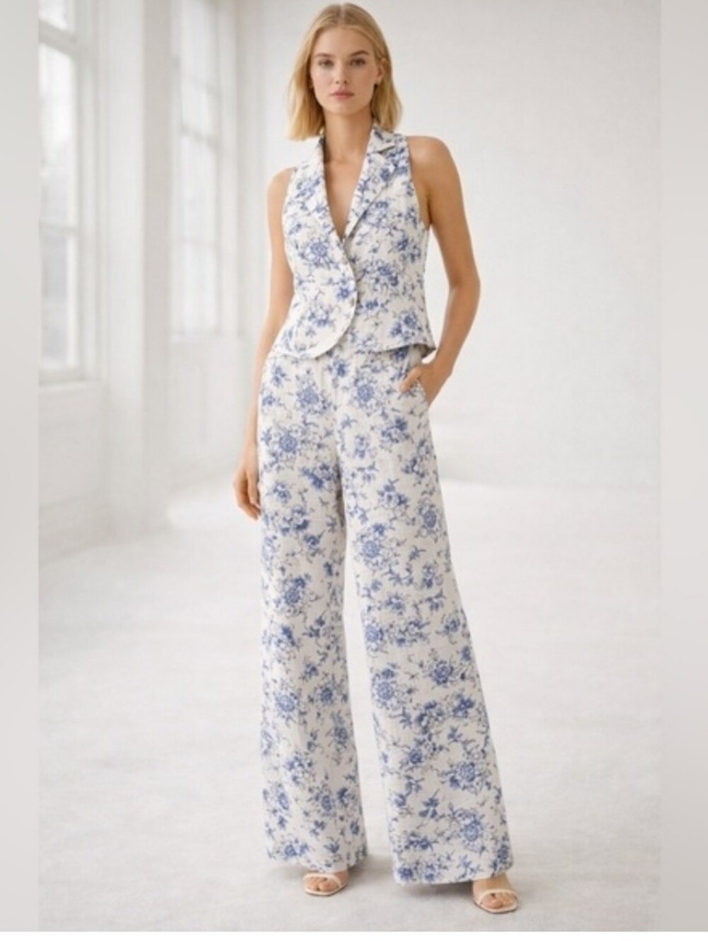 Jason Wu Floral Toile Linen Blend Halter Vest Wide Leg Pants 2 Piece Resort Set - Picture 4 of 15